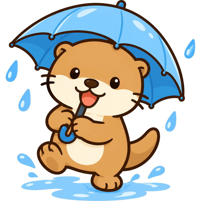 傘をさして雨の中を歩くカワウソ